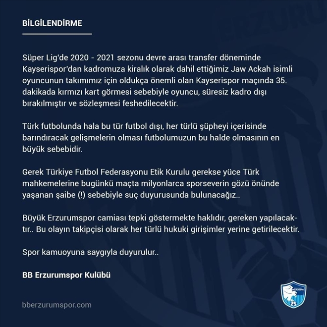 BB Erzurumspor Jaw Achka´yı süresiz kadro dışı bıraktı