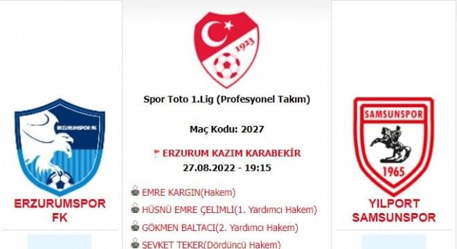Erzurumspor – Samsun maçını Kargın yönetecek