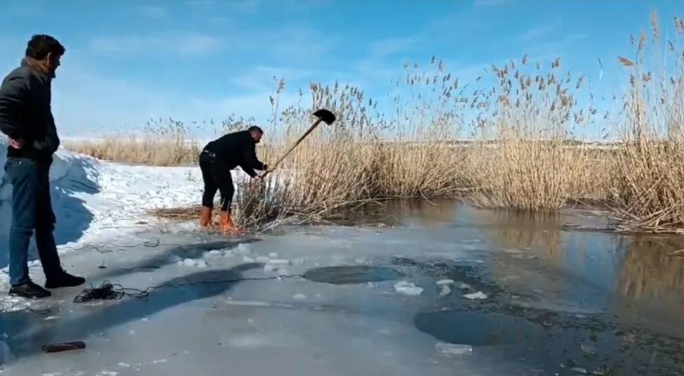 Donmuş nehirde buzu kırıp balık avlıyorlar