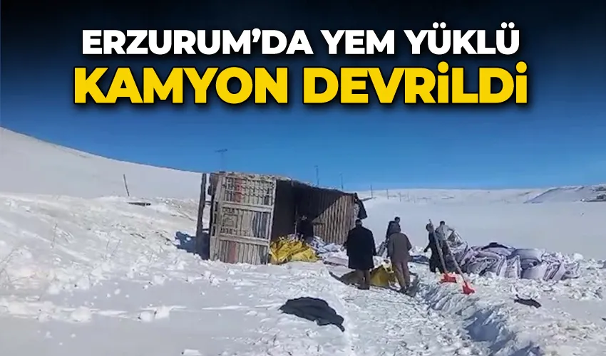 Erzurum’da yem yüklü kamyon devrildi