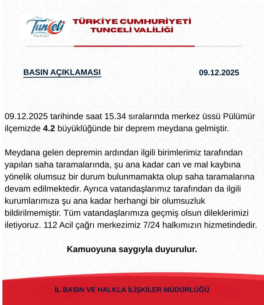 Tunceli Valiliği’den deprem açıklaması