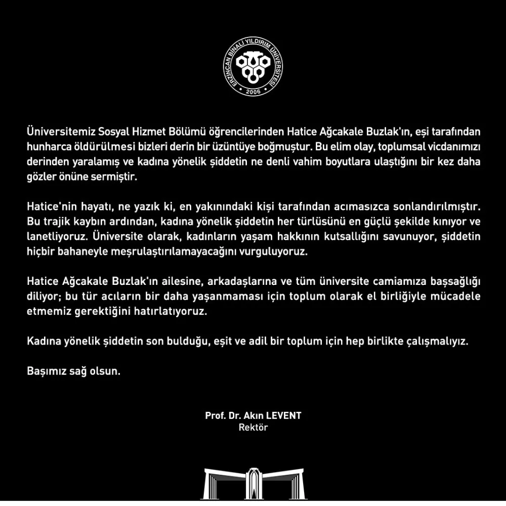EBYÜ’den genç öğrencisi Buzlak’ın eşi tarafından boğularak öldürülmesi hakkında kınama mesajı