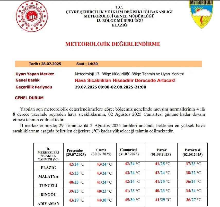 Meteorolojiden sıcak çarpmasına karşı uyarı